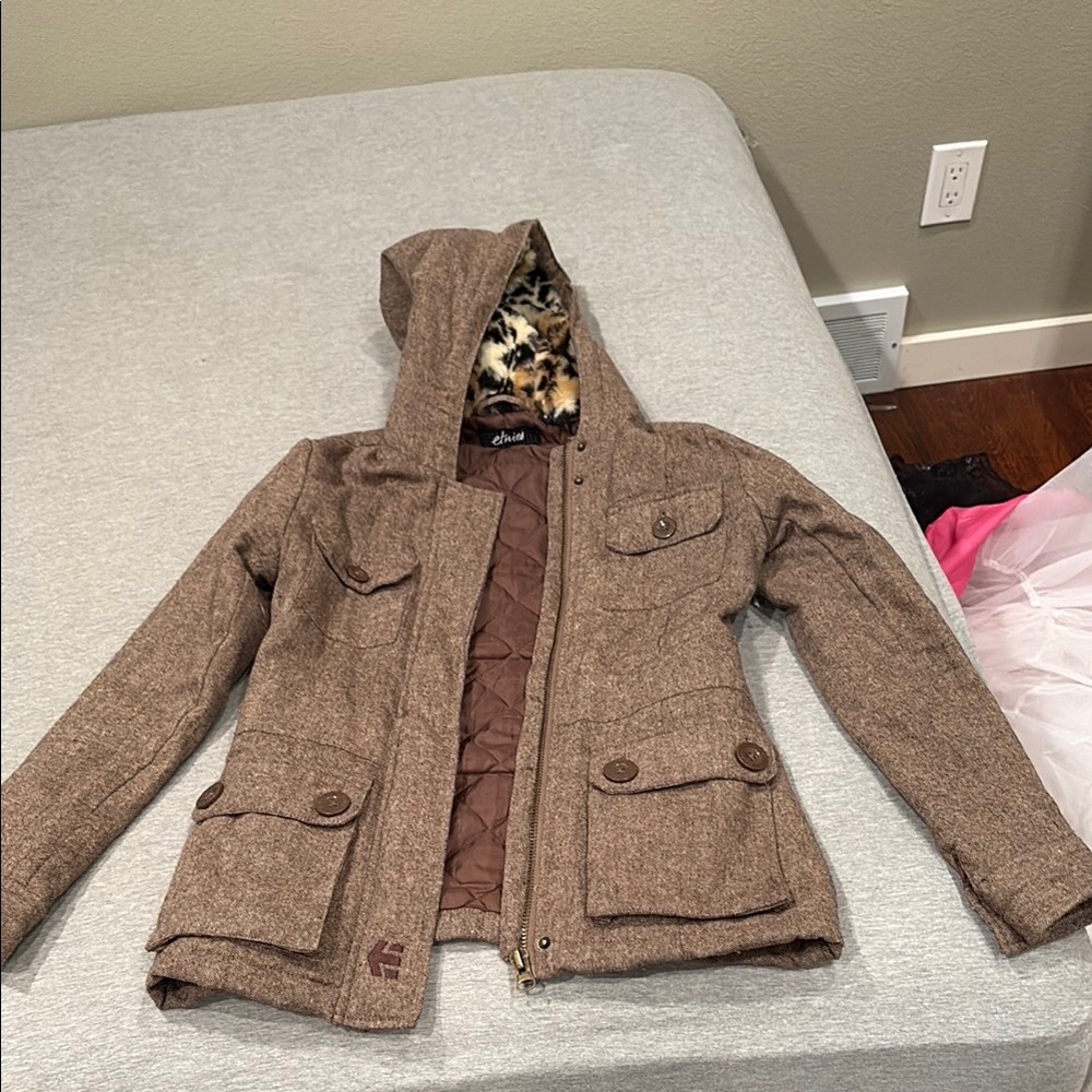 Brown Hooded Jacket with Leopard Lining